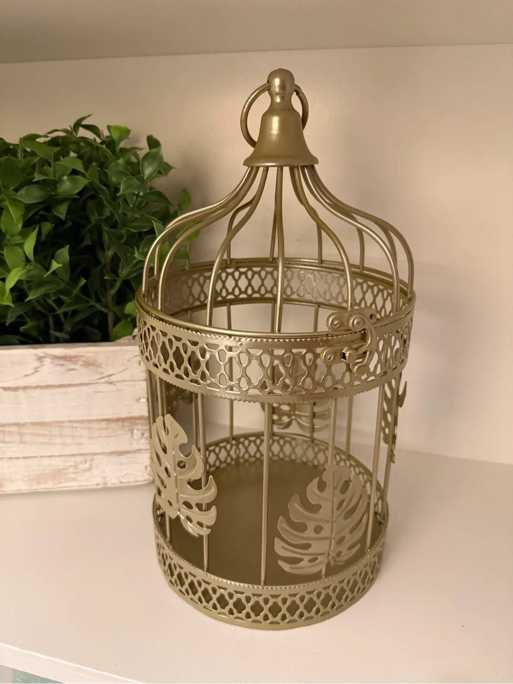Gold Metal Birdcage Lantern Candle Holder Monstera Leaf Tropical Boho Decor